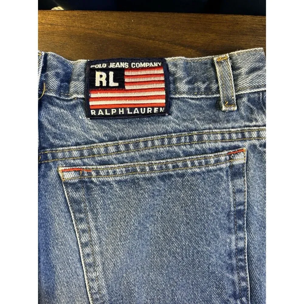 Vintage Polo Jeans Ralph Lauren Kids Size 18 Blue Wide Leg Jeans USA Flag Patch
